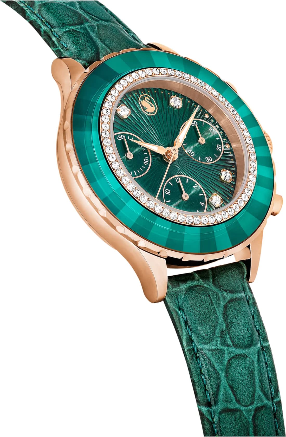 Attache bracelet Swarovski 5672931 en cuir vert gaufré, fermoir déployant or rose gravé du logo Swarovski