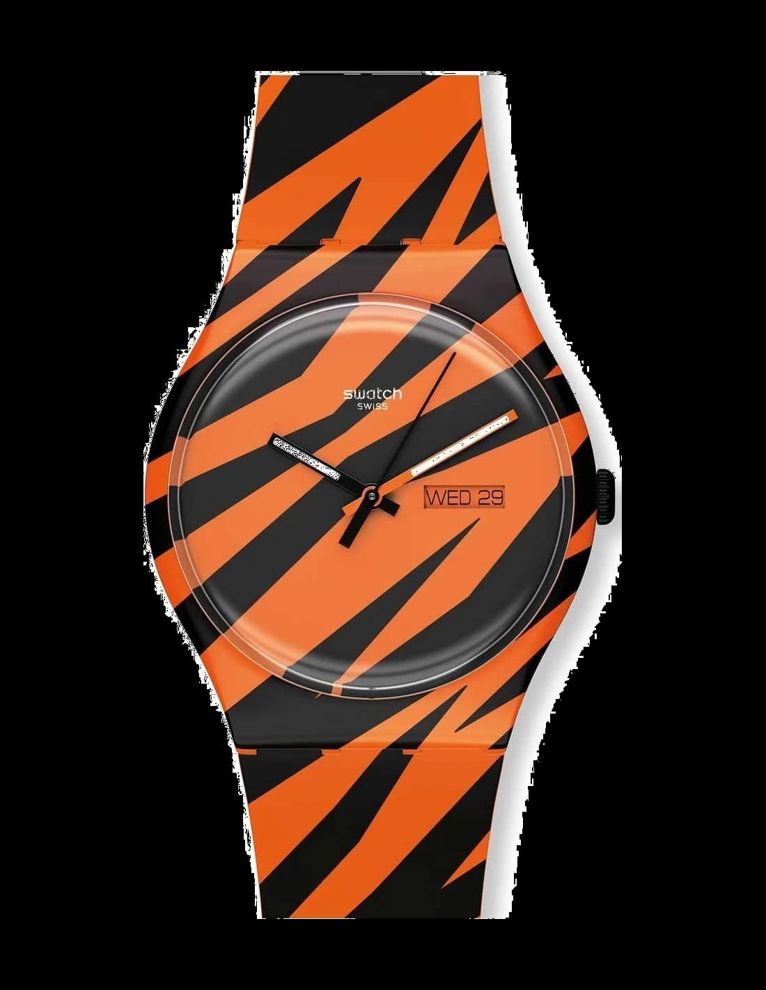 Garde-temps Swatch SUOZ703 au boîtier blanc et orange vif, cadran soleil orange avec index bâtons et aiguilles blancs
