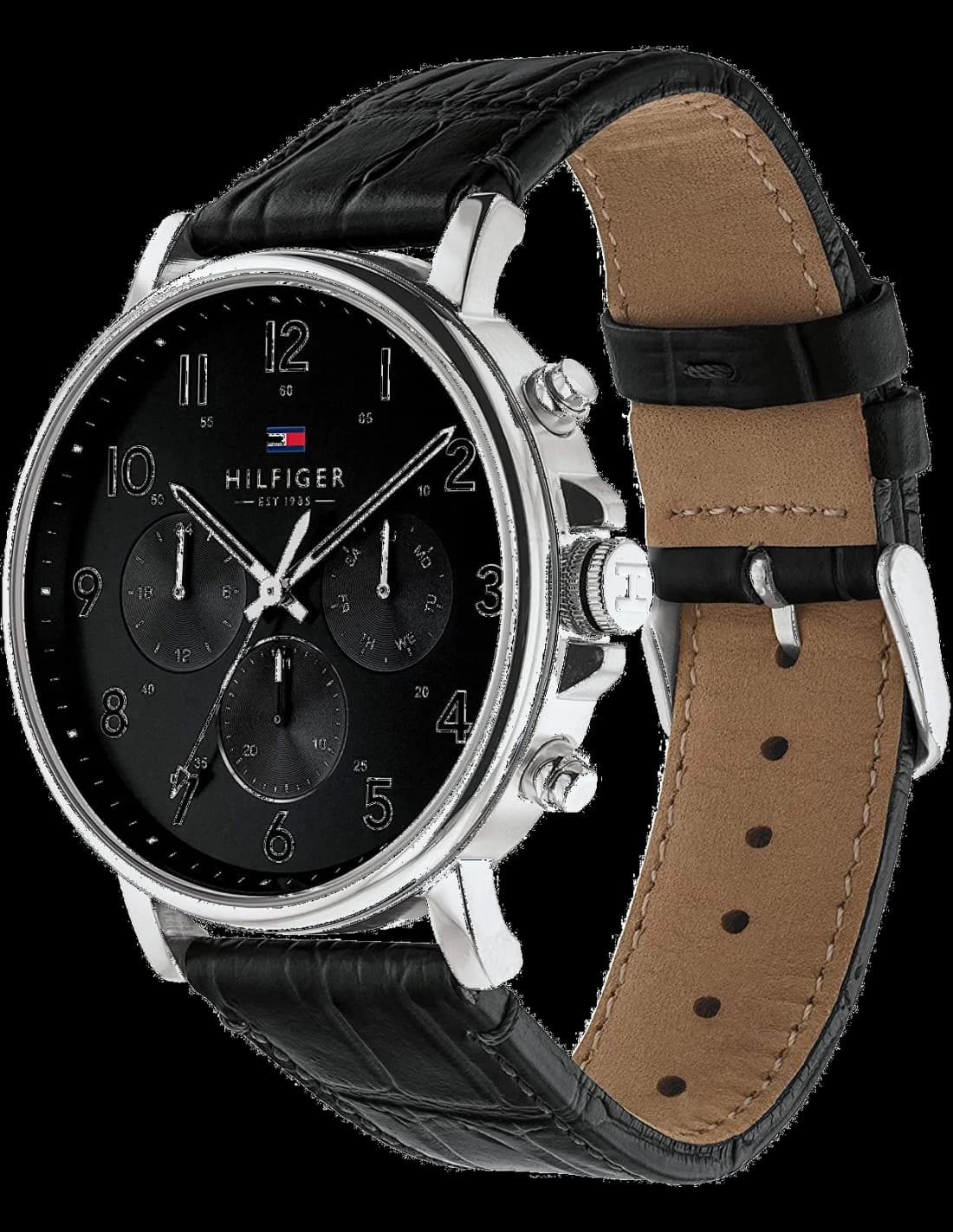 Visage cadran Tommy Hilfiger 1710381 avec index appliqués et aiguilles dauphine, guichet date à 3h, finition soleillée noire