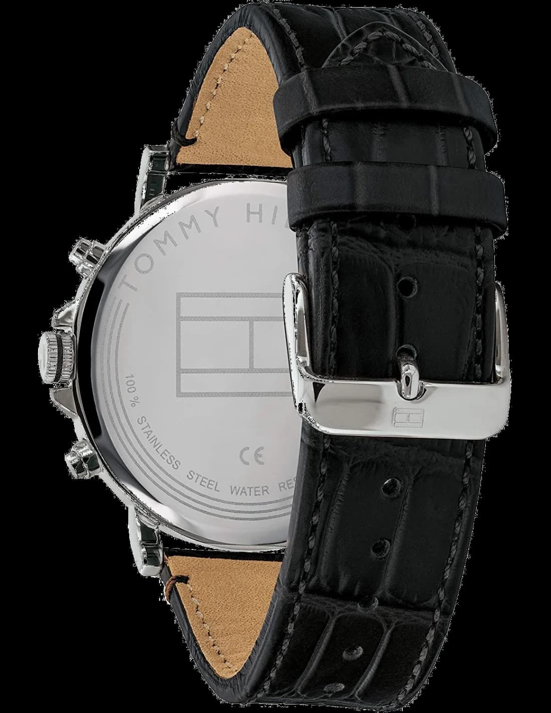 Attache bracelet Tommy Hilfiger 1710381 en cuir texturé noir, coutures contrastées, boucle ardillon en acier inoxydable gravée du logo