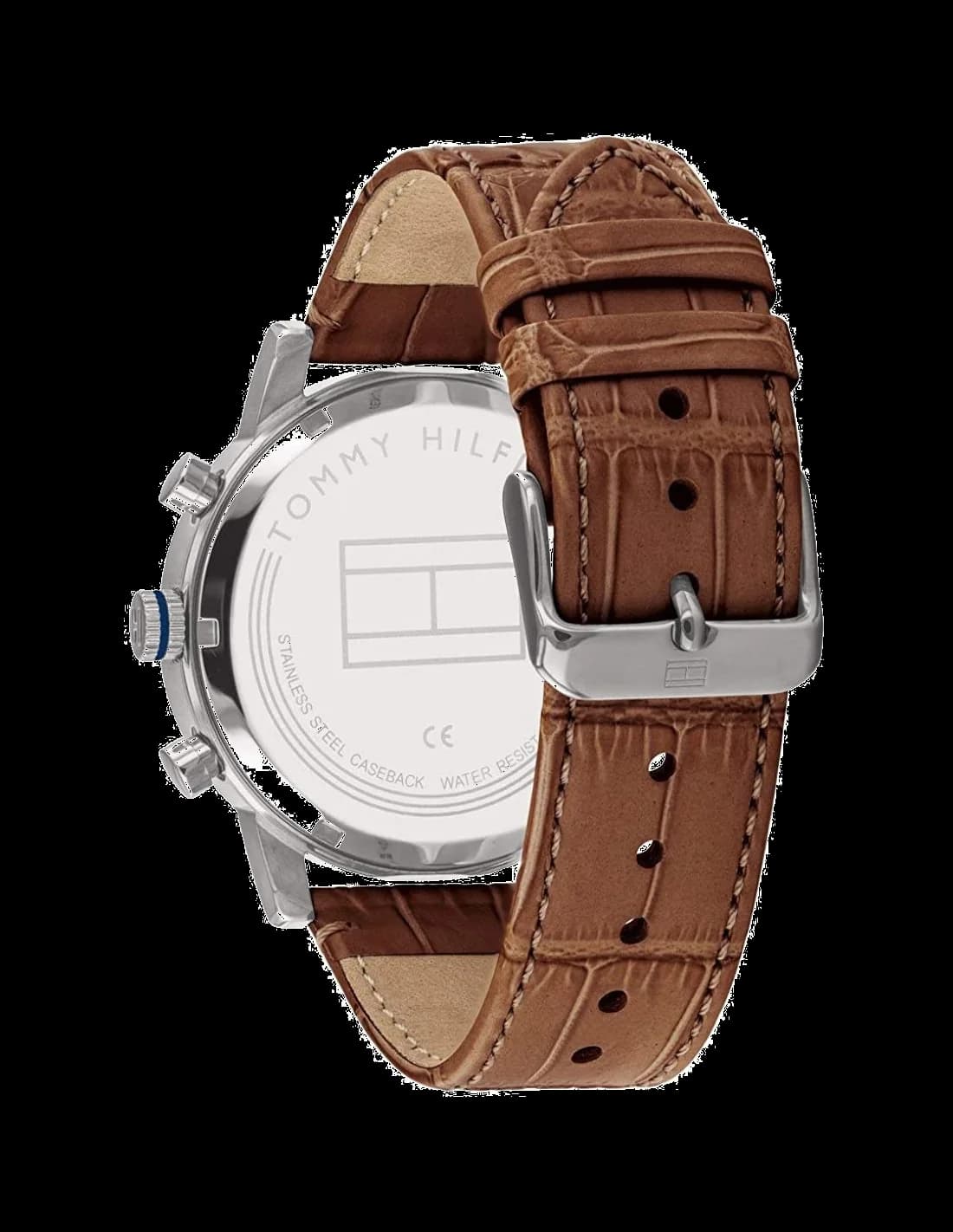 Visage cadran Tommy Hilfiger 1710398 présentant index appliqués argentés et aiguilles luminescentes sur fond bleu
