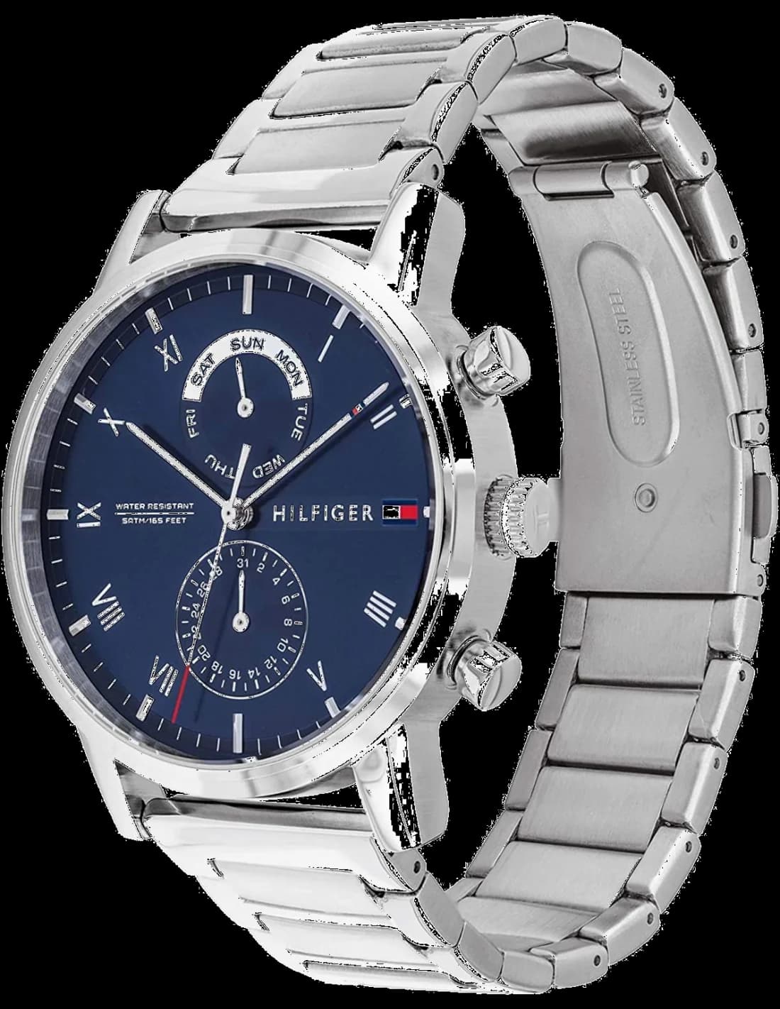 Visage cadran Tommy Hilfiger 1710401 avec index appliqués et aiguilles dauphine, guichet date à 3h, fond bleu satiné