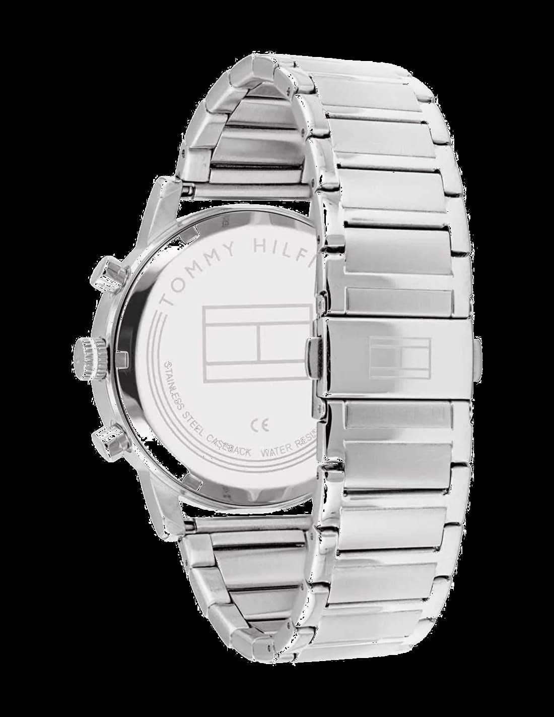 Attache bracelet Tommy Hilfiger 1710401 en acier inoxydable brossé, fermoir déployant à double bouton-poussoir, maillons pleins