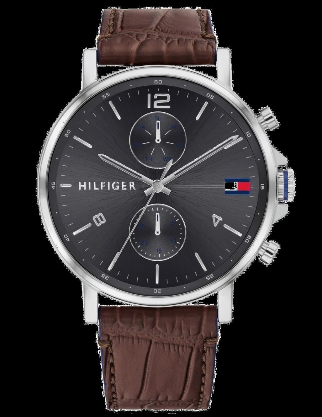 Montre Homme Tommy Hilfiger 1710416 - Boîtier Acier Argenté 44mm, Cadran Noir, Bracelet Cuir Marron