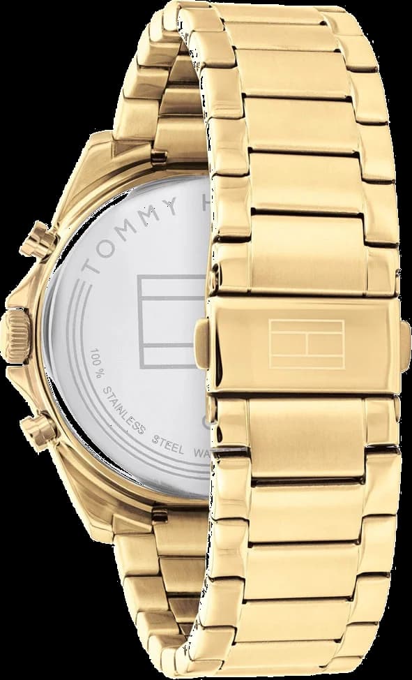 Attache bracelet Tommy Hilfiger 1710447 en acier doré, maillons polis, fermoir déployant double sécurité, finition satinée