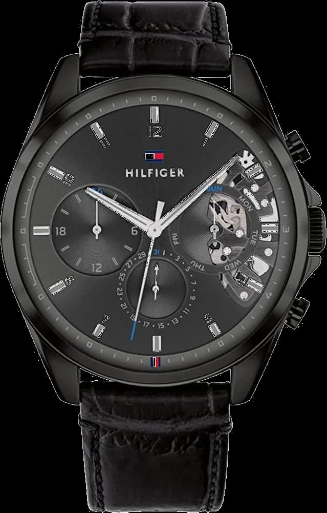 Garde-temps Tommy Hilfiger 1710452 avec cadran squelette noir et aiguilles dorées sur fond argenté
