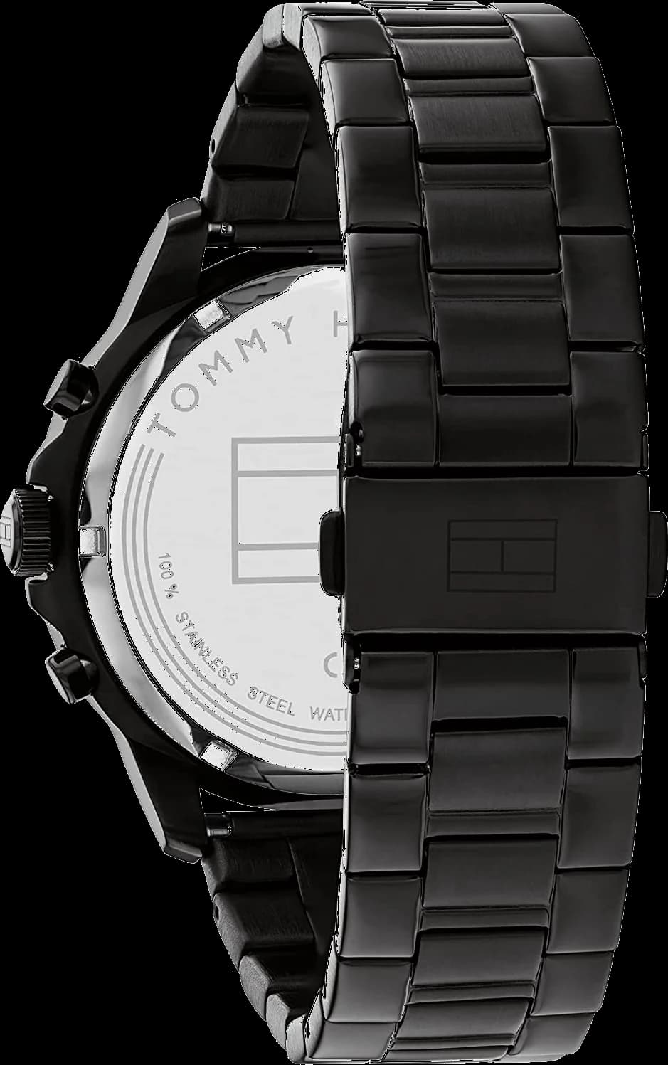 Attache bracelet Tommy Hilfiger 1710478 en cuir noir grainé cousu, boucle ardillon signée Tommy Hilfiger et double surpiqûre ton sur ton