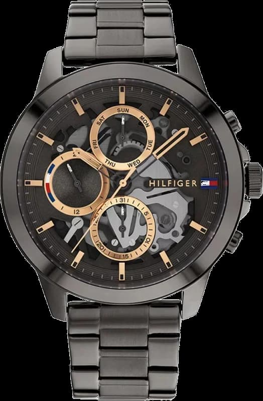 Garde-temps Tommy Hilfiger 1710479 arborant un cadran squelette anthracite avec finitions soleillées et aiguilles bâtons rhodiées