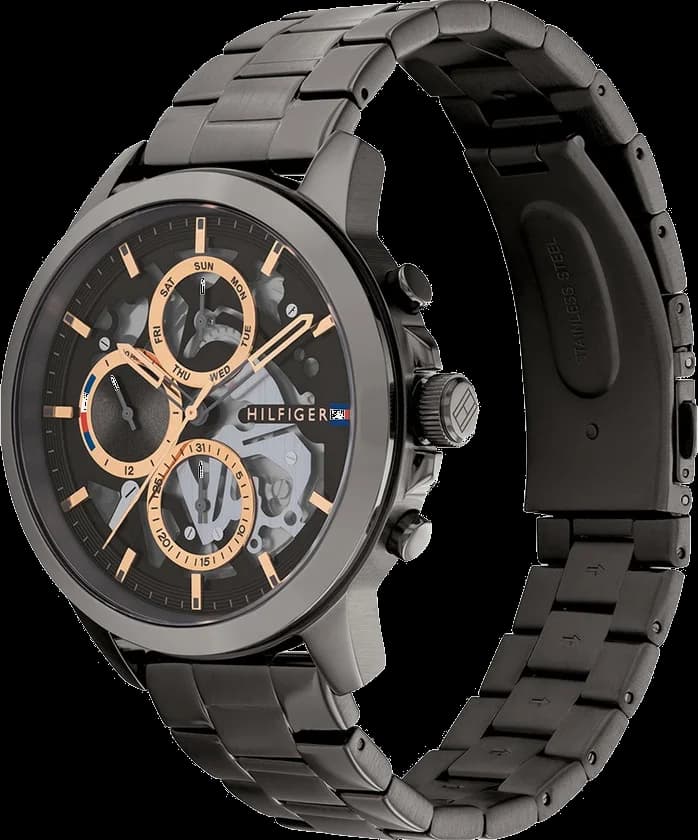 Visage cadran Tommy Hilfiger 1710479 dévoile mouvement automatique visible, index appliques et aiguilles luminescentes pour lisibilité optimale