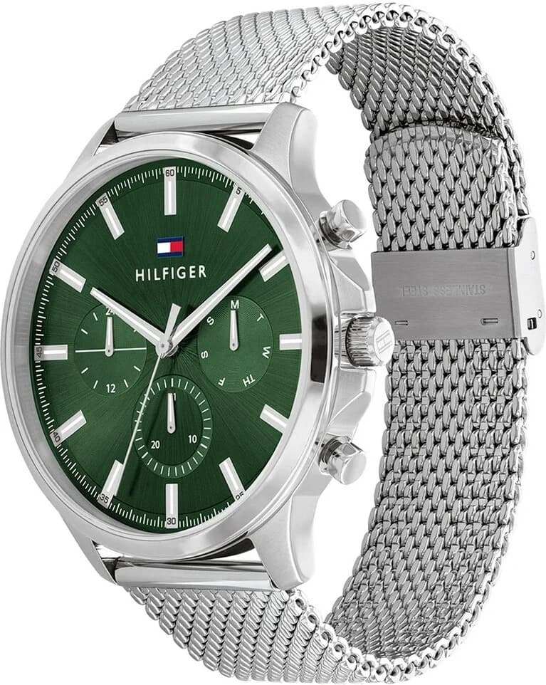 Visage cadran Tommy Hilfiger 1710499, index bâtons appliqués, aiguilles luminescentes, date à 3h