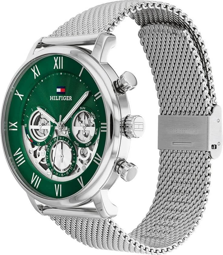 Visage cadran Tommy Hilfiger 1710567 avec index bâtons argentés et aiguilles luminescentes sur fond vert ouvert