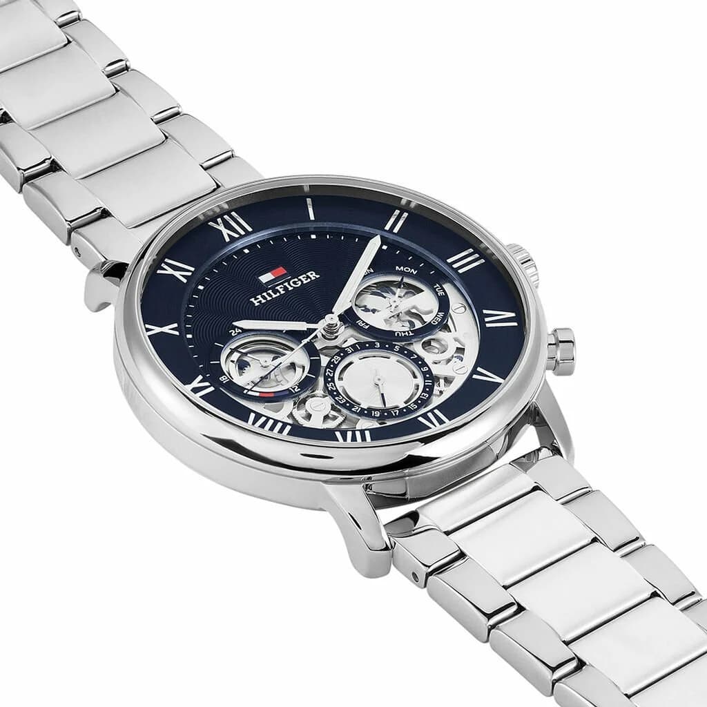 Visage cadran Tommy Hilfiger 1710569 squelette révélant rouages et index appliques en acier, contraste bleu argenté