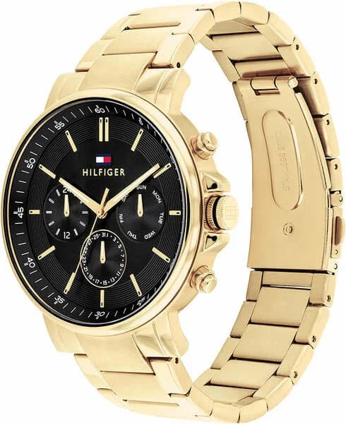 Visage cadran Tommy Hilfiger 1710589 multifonctions à trois sous-cadrans, chiffres romains, finition soleillée noire contrastée