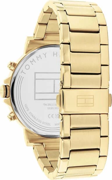 Attache bracelet Tommy Hilfiger 1710589 en acier doré IP, maillons polis, fermoir déployante signé, ajustement confortable