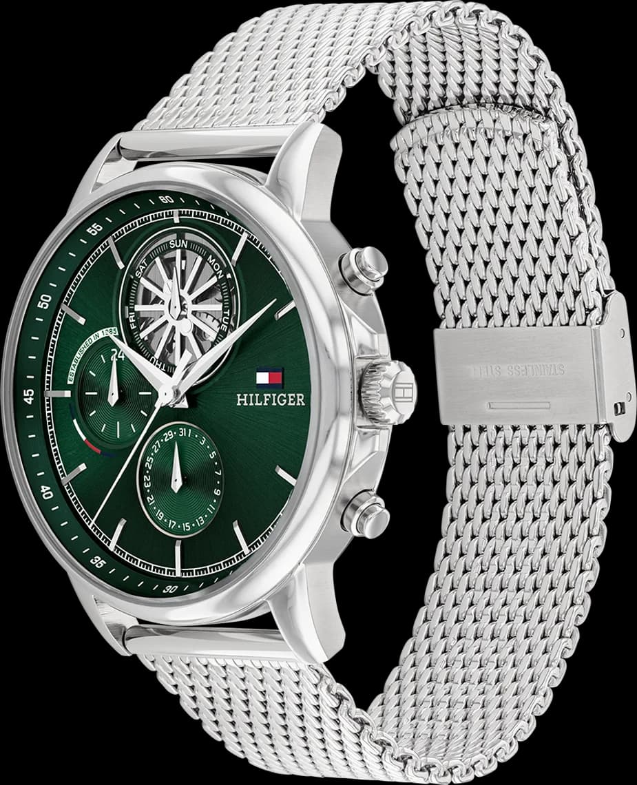 Visage cadran Tommy Hilfiger 1710608 index appliques et aiguilles dauphine sur fond vert texturé, date à 3h pour complication pratique