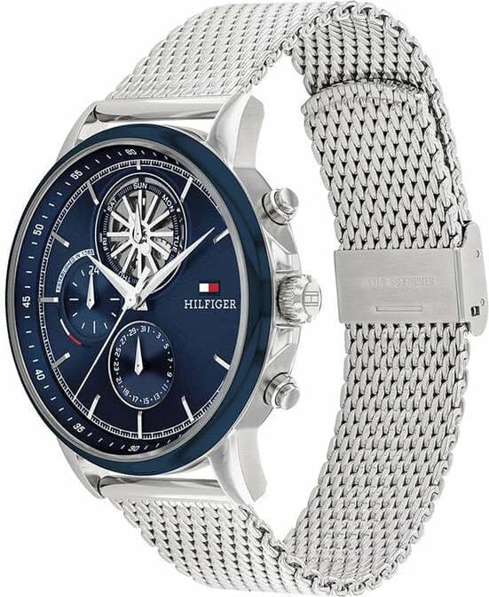 Visage cadran Tommy Hilfiger 1710609 détail des index appliqués bâton et aiguilles argentées sur fond bleu