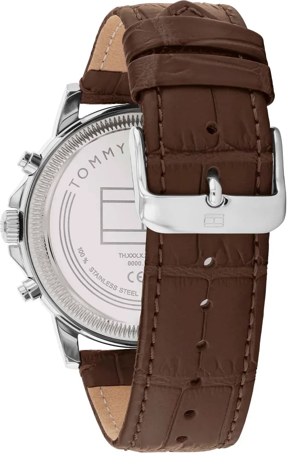 Attache bracelet Tommy Hilfiger 1710629 en cuir marron cousu main avec boucle ardillon gravée du logo Tommy Hilfiger