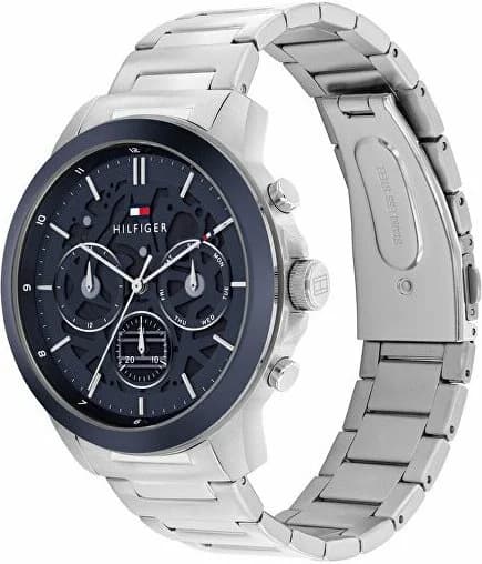 Visage cadran Tommy Hilfiger 1710684 dévoilant des index appliqués, aiguilles dauphine et guichet date à 3h, finition soleillée