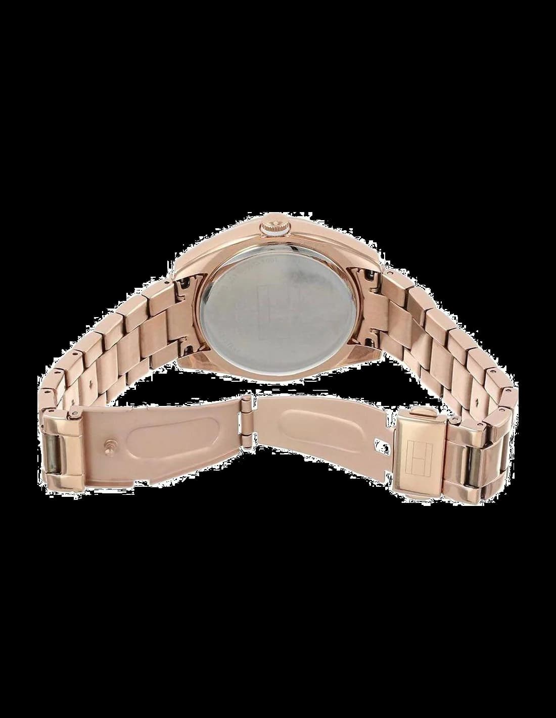 Visage cadran Tommy Hilfiger 1781344 présentant index appliqués, aiguilles bâtons dorés et date à 3h, lisibilité optimale