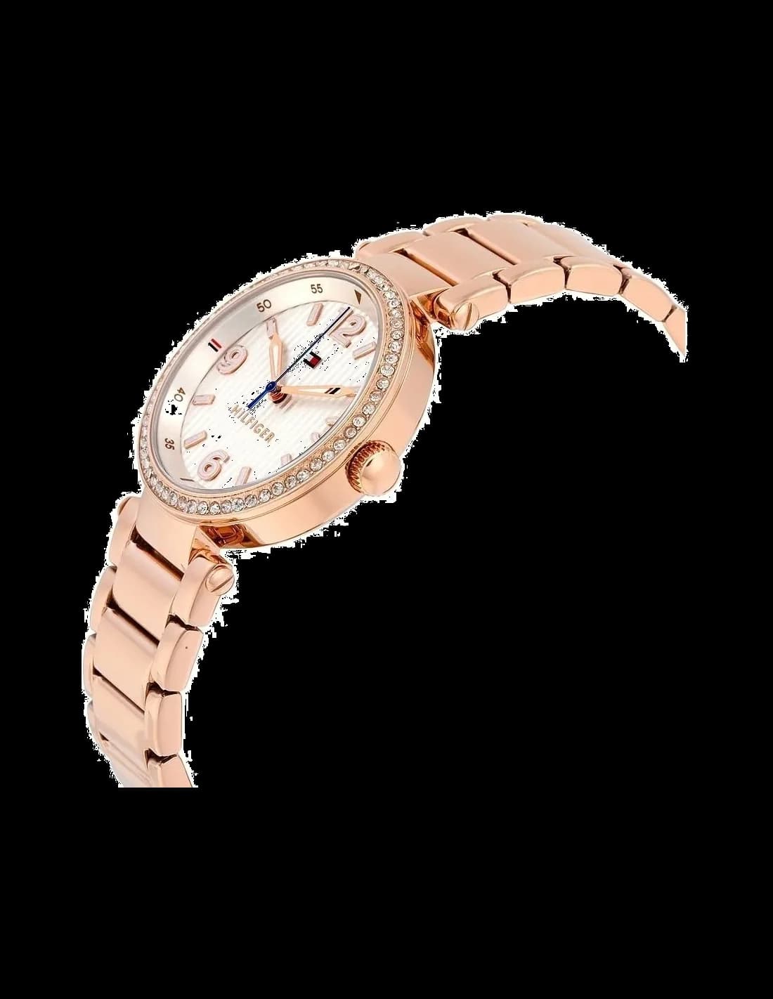 Visage cadran Tommy Hilfiger 1781590 avec index bâtons dorés, aiguilles dauphine, guichet date à 3h, sobriété élégante