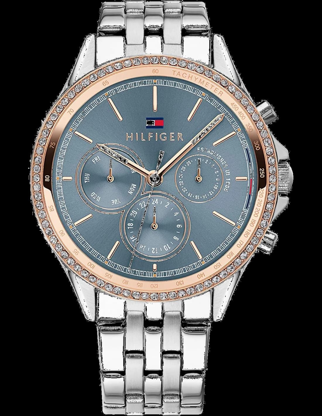 Montre Tommy Hilfiger Ari 1781976 pour femme, cadran bleu avec brillants et bracelet acier