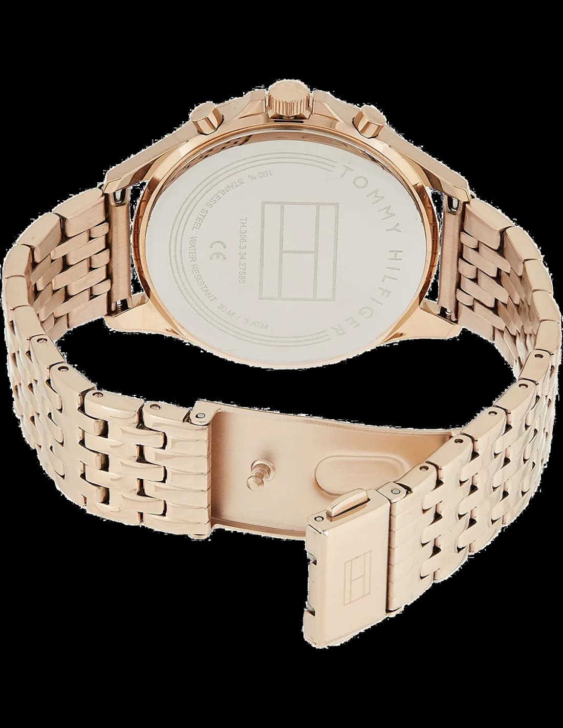 Visage cadran Tommy Hilfiger 1781978 avec index dorés et aiguilles luminescentes, guichet date à 3h, lisibilité optimale