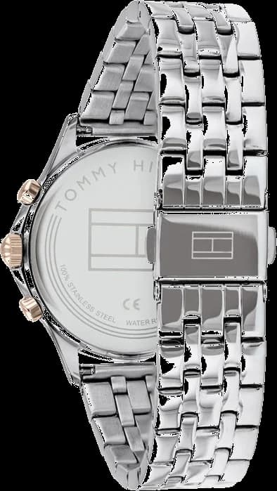 Visage cadran Tommy Hilfiger 1782122 avec index bâtons argentés, aiguilles dauphine et date à 3h sur fond nacré