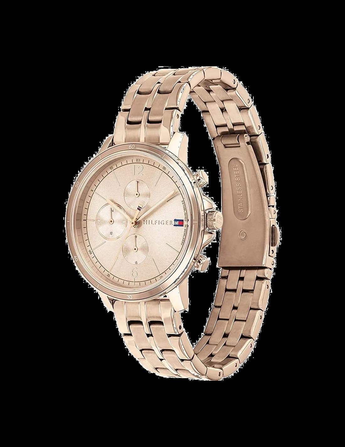 Visage cadran Tommy Hilfiger 1782190 détail des index bâtons appliqués et aiguilles dauphine, guichet date à 3h