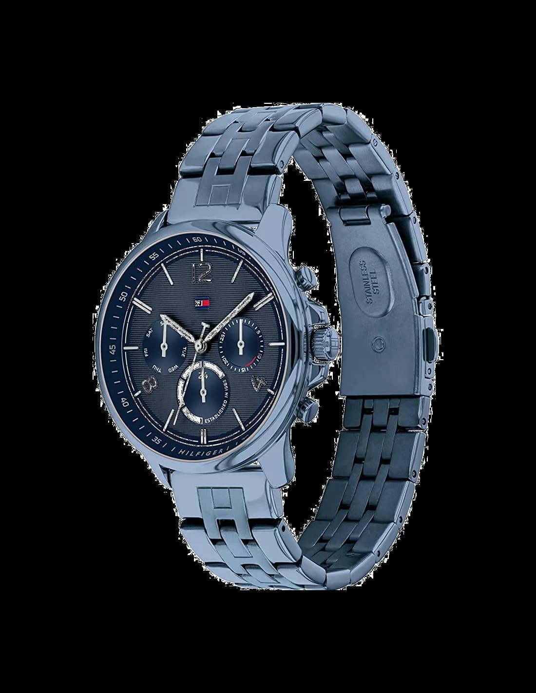 Visage cadran Tommy Hilfiger 1782227 dévoile index bâton polis, aiguilles luminescentes et date à 3h sur fond bleu