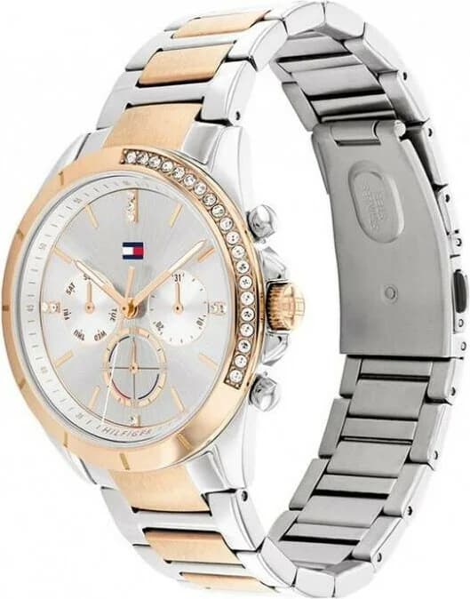 Visage cadran Tommy Hilfiger 1782387 avec index baguettes et cristaux, aiguilles dauphine bicolores, date à 3h
