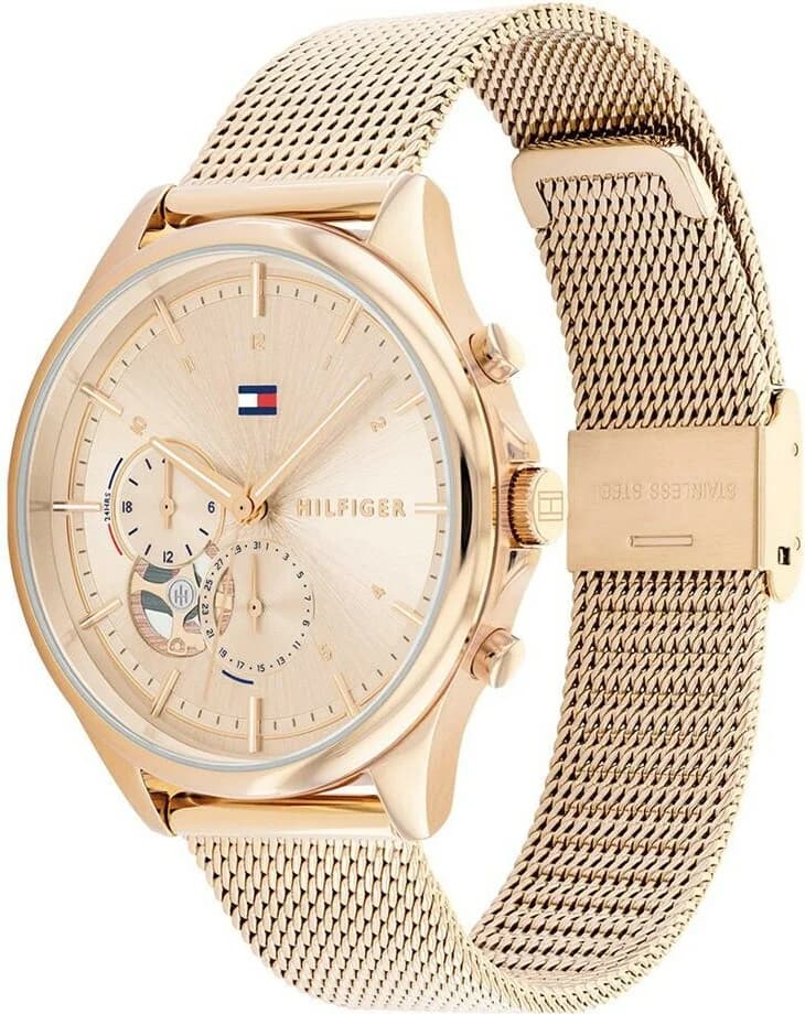 Visage cadran Tommy Hilfiger 1782486 affichant index romains appliqués et aiguilles dauphine, guichet date à 3h, mouvement quartz précis