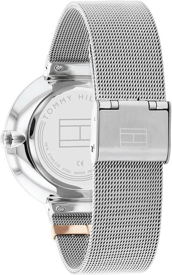 Attache bracelet Tommy Hilfiger 1782537 en maille milanaise argentée avec fermoir déployante, finition satinée