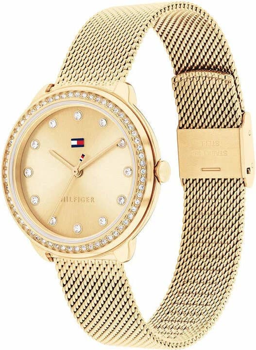 Visage cadran Tommy Hilfiger 1782699 présentant index appliques polis, aiguilles en forme de feuille et date à 3h