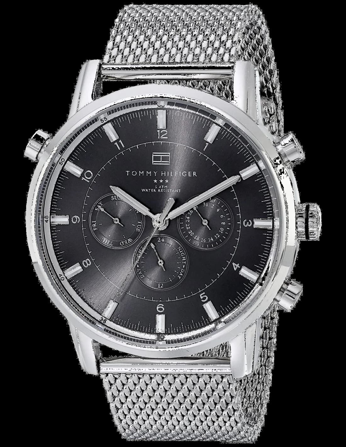 Garde-temps Tommy Hilfiger 1790877 au cadran noir profond et aiguilles facets argentées, style classique moderne