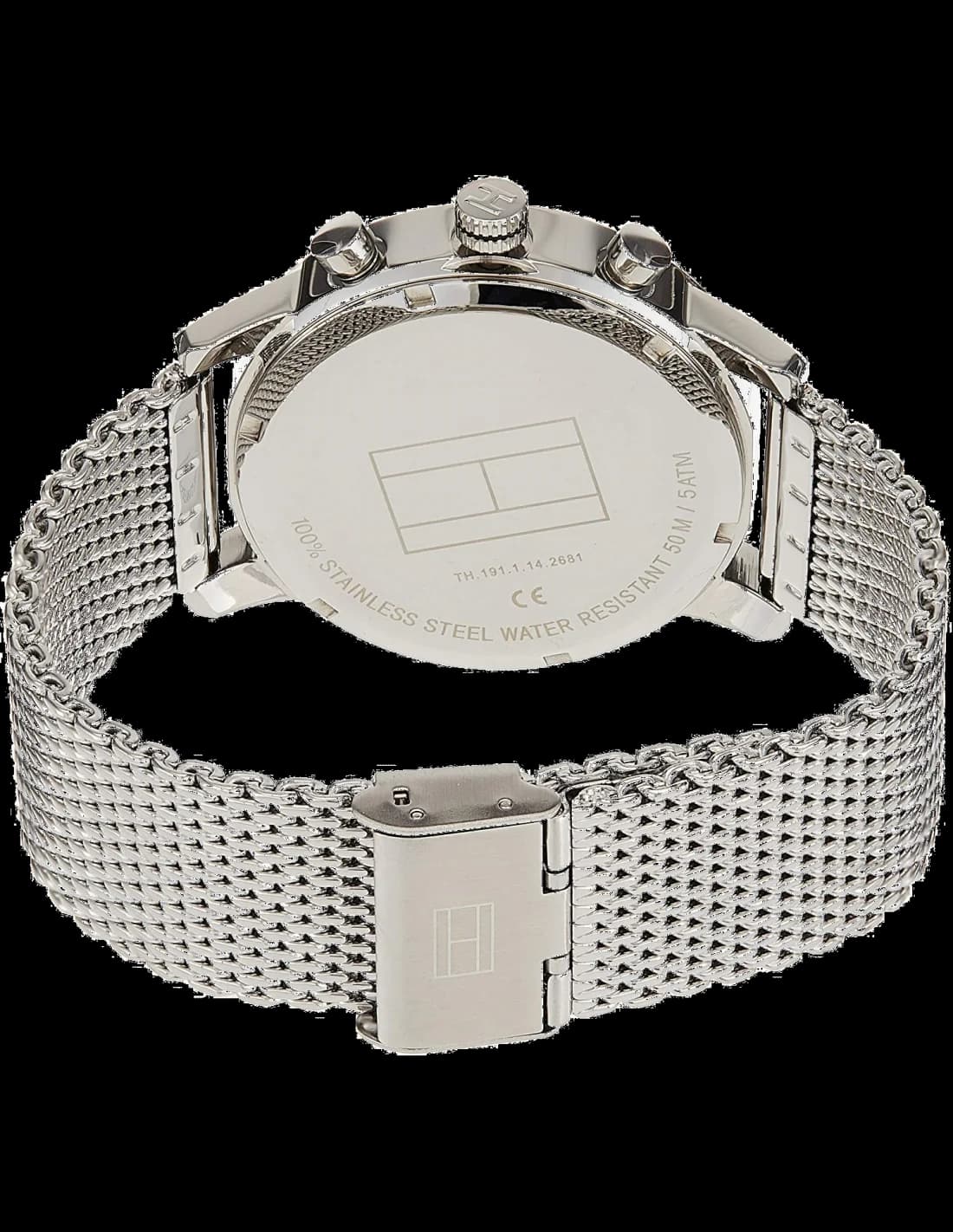 Attache bracelet Tommy Hilfiger 1790877 en maille milanaise acier inoxydable intégrée, fermoir déployant à double bouton