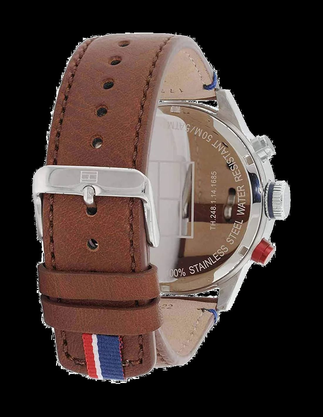 Attache bracelet Tommy Hilfiger 1791066 en cuir marron grainé, coutures contrastantes, boucle ardillon signée acier inoxydable