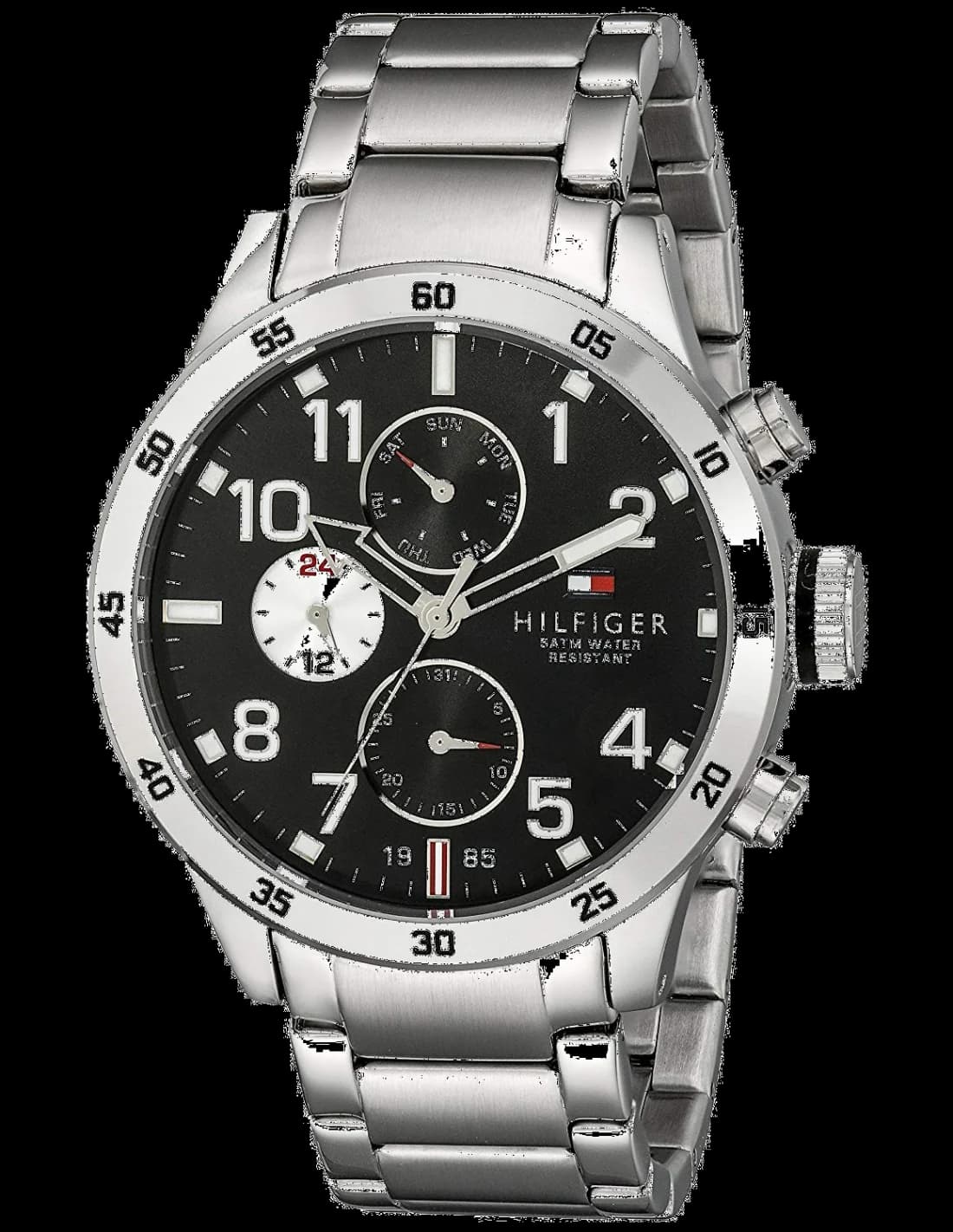 Garde-temps Tommy Hilfiger 1791141 avec cadran noir soleillé, aiguilles argentées et index bâton pour une lisibilité optimale