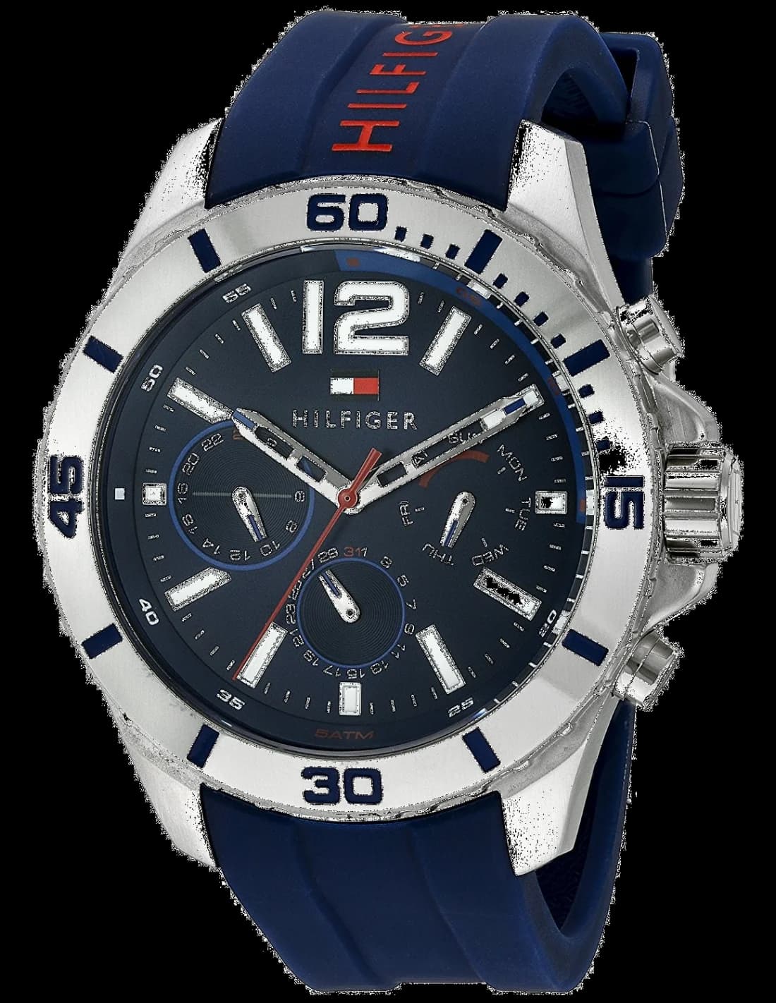 Garde-temps Tommy Hilfiger 1791142 avec cadran bleu soleillé et index bâtons argentés sur fond bleu marine
