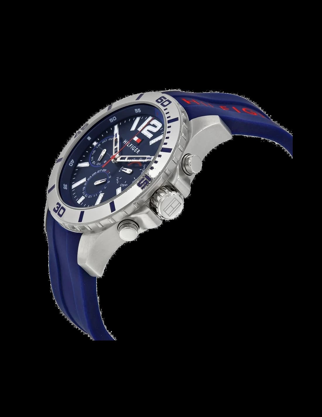 Visage cadran Tommy Hilfiger 1791142 avec aiguilles bâtons argentées et date à 3h sur cadran bleu soleillé