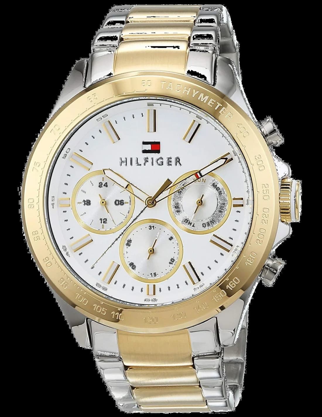 Garde-temps Tommy Hilfiger 1791226 affichant cadran bleu soleil avec aiguilles bâton et index appliqués en acier bicolore sur fond bleu profond