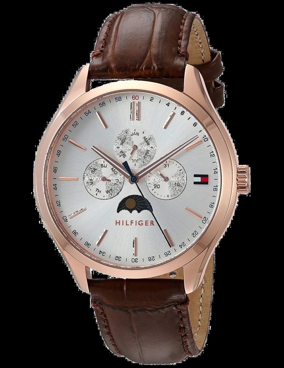 Garde-temps Tommy Hilfiger 1791306 affichant cadran marron soleillé avec index bâtons et aiguilles argentés, style classique