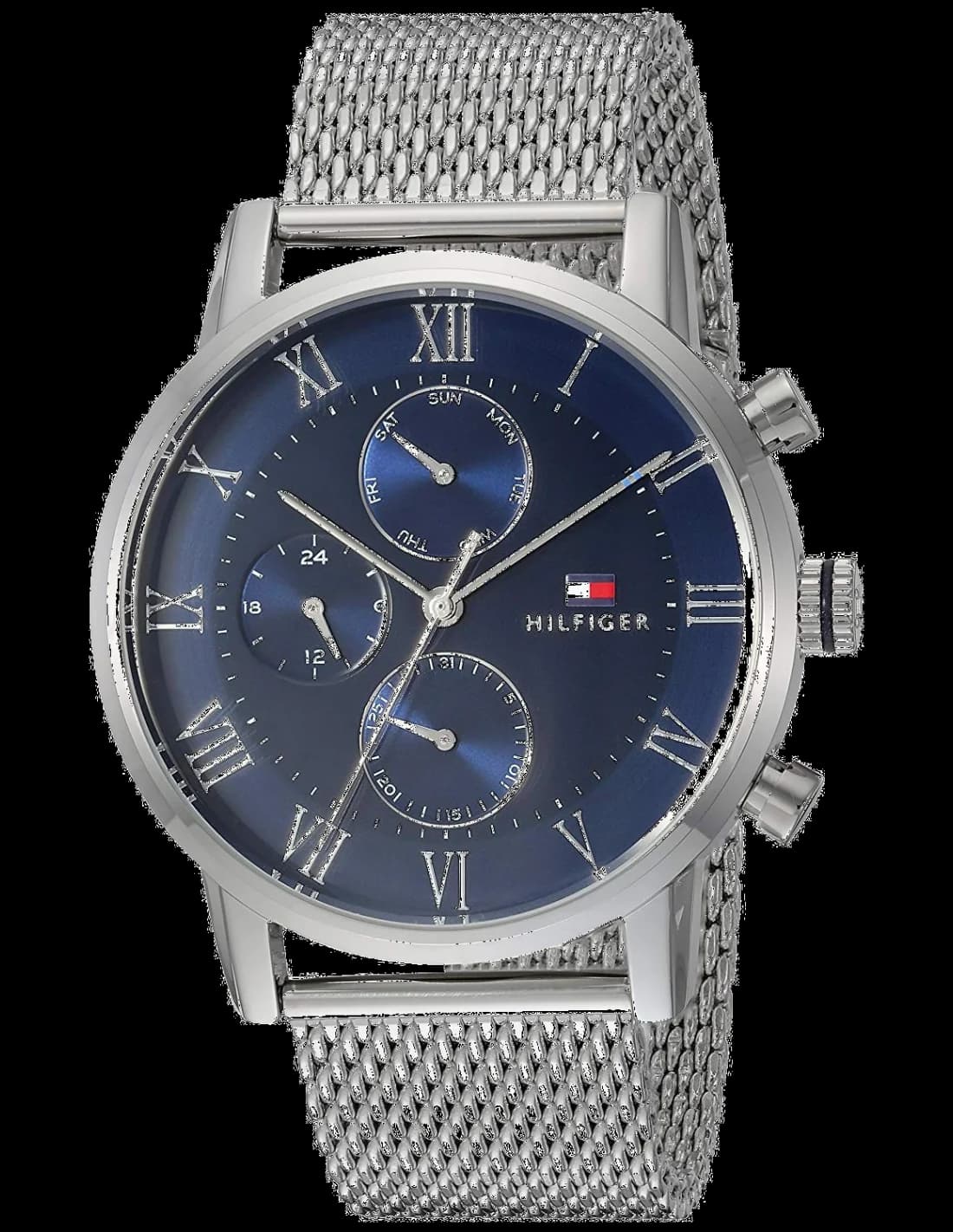 Garde-temps Tommy Hilfiger 1791398 dévoile un cadran argenté soleil, aiguilles bâtons et index appliqués pour une lisibilité optimale