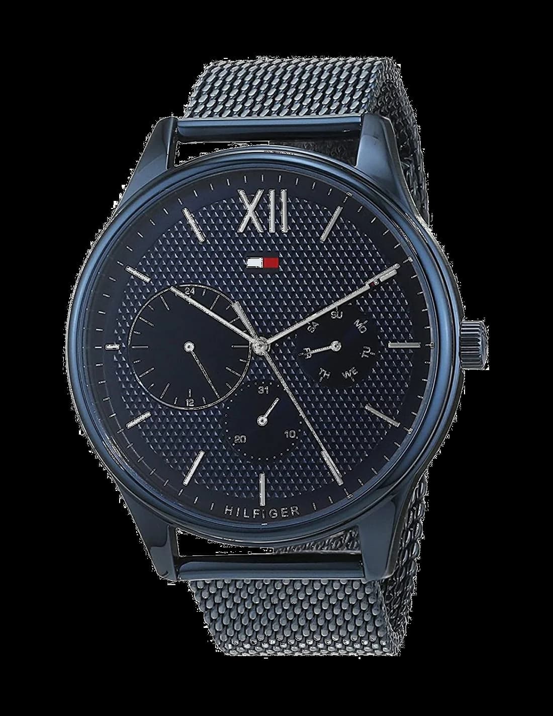 Garde-temps Tommy Hilfiger 1791421 présentant un cadran bleu soleil avec index bâtons et aiguilles argentées, style classique contemporain