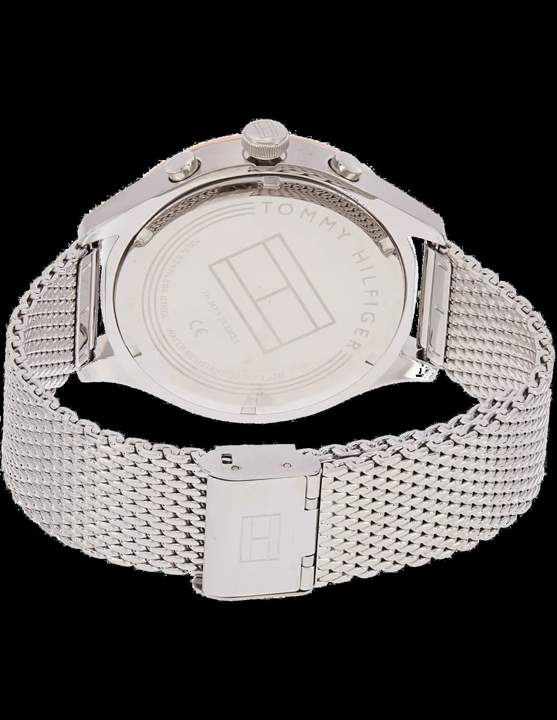 Attache bracelet Tommy Hilfiger 1791466 en cuir brun grainé, coutures contrastées, boucle ardillon en acier inox signée