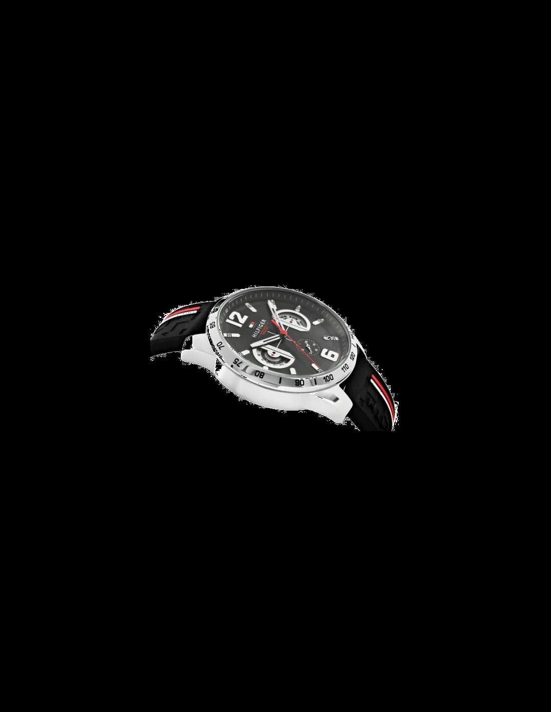 Attache bracelet Tommy Hilfiger 1791473 en silicone noir texturé avec boucle ardillon en acier brossé, gravure Tommy Hilfiger, fermeture sécurisée et ajustable