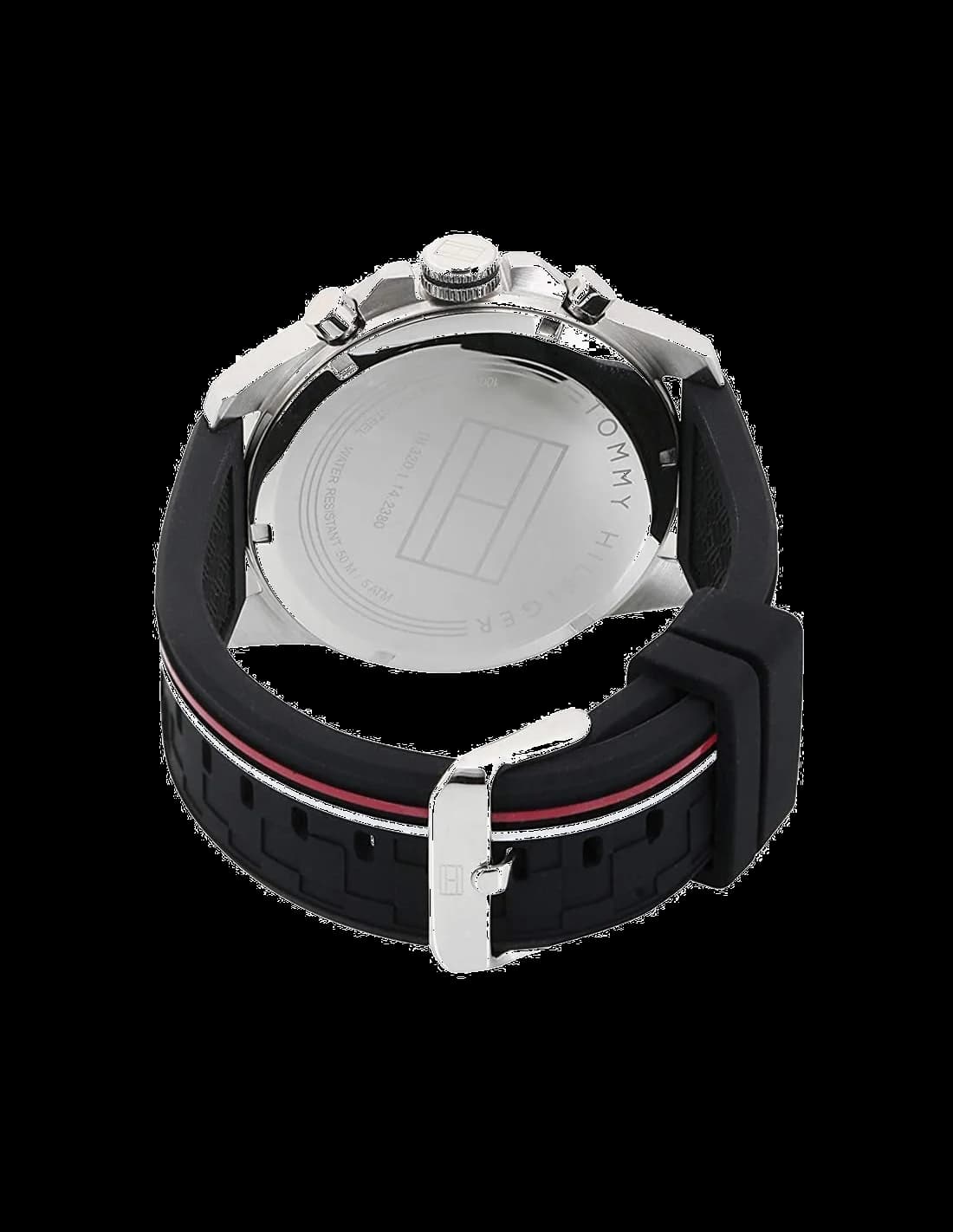 Lunette boîtier Tommy Hilfiger 1791473 en acier inoxydable brossé, lunette fixe noire avec échelle tachymétrique, verre minéral plat, couronne crantée et poussoirs