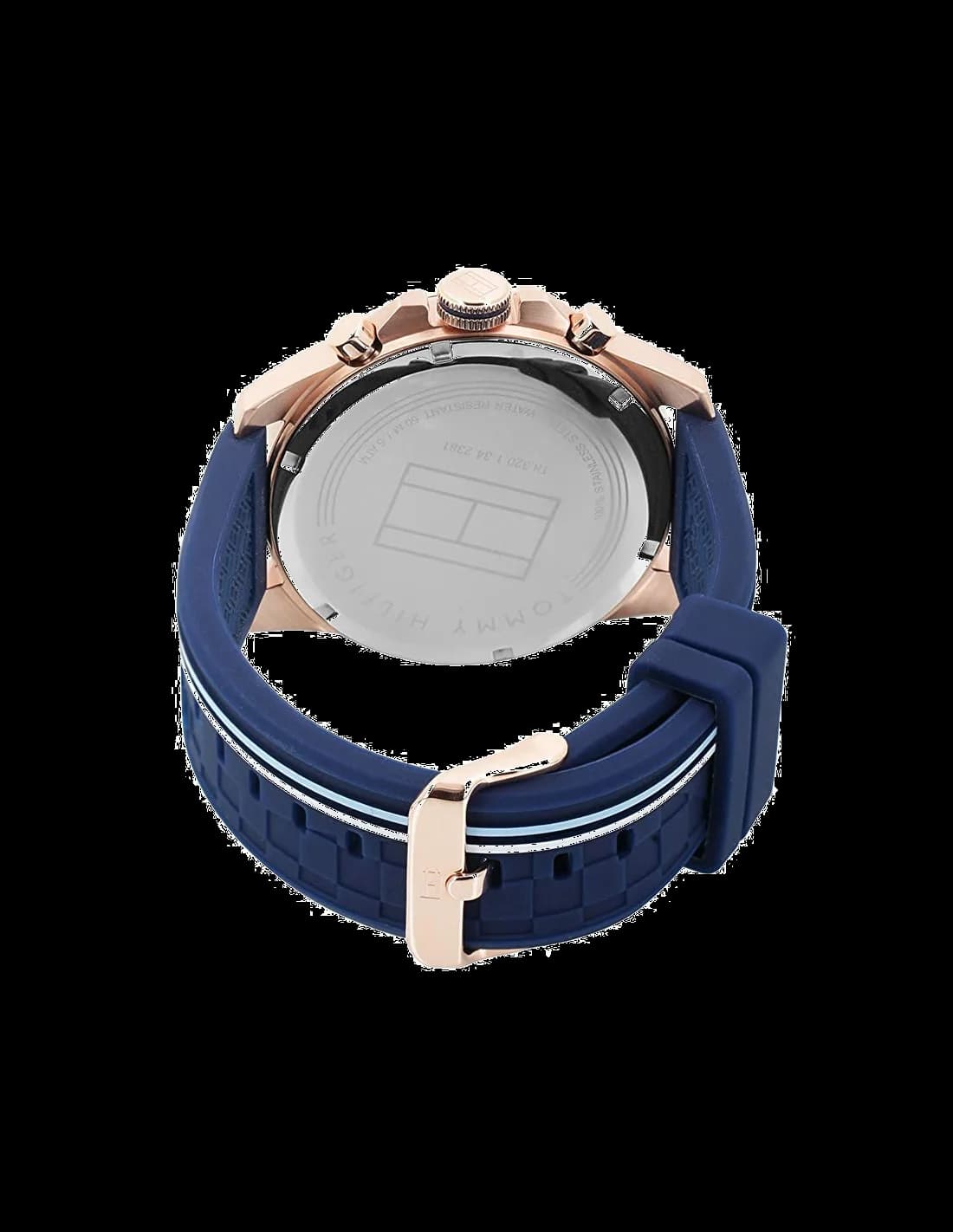 Attache bracelet Tommy Hilfiger 1791474 en silicone bleu texturé avec boucle ardillon en acier plaqué or rose