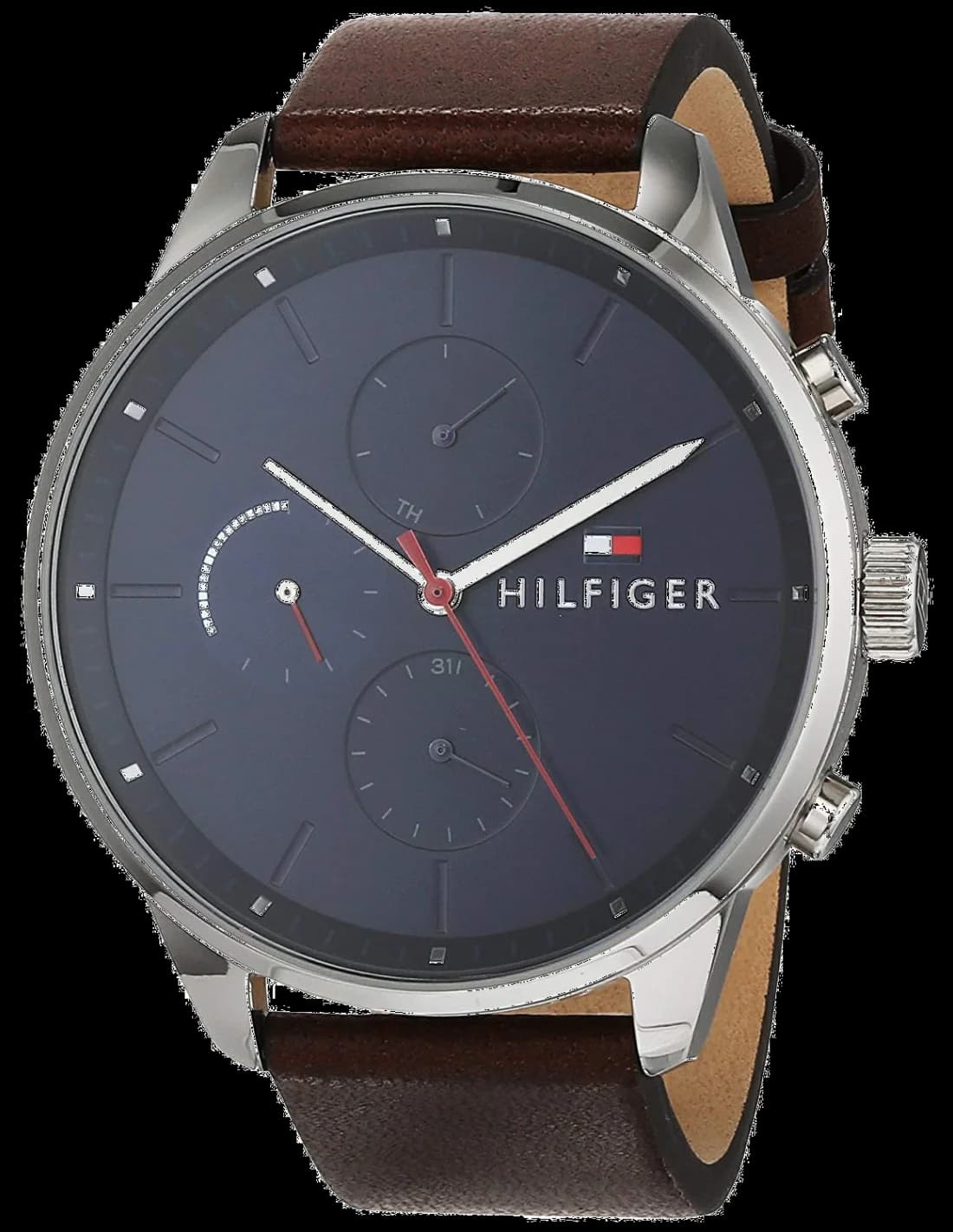 Montre Homme Tommy Hilfiger 1791487 Chase - Boîtier Acier, Cadran Bleu, Bracelet Cuir Marron