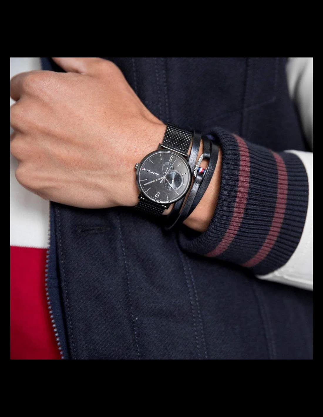 Attache bracelet Tommy Hilfiger 1791507 en maille milanaise noire à fermoir déployante, ajustement précis