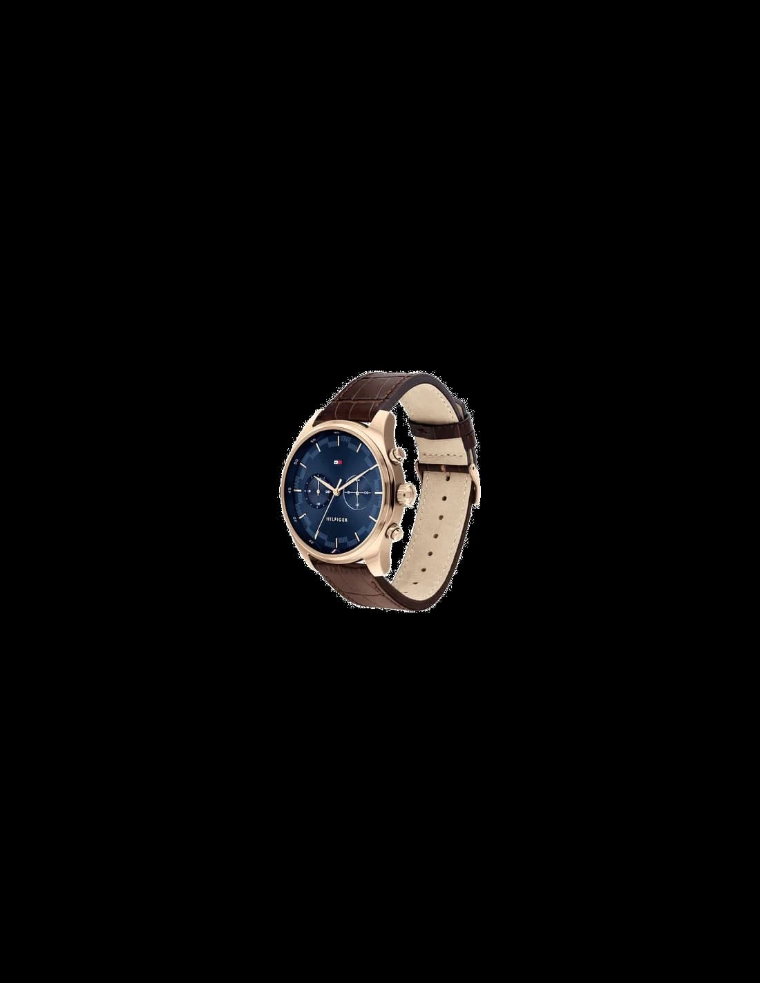 Visage cadran Tommy Hilfiger 1791549 détail des index bâtons appliqués et aiguilles dauphine, date à 3h sur cadran bleu soleil